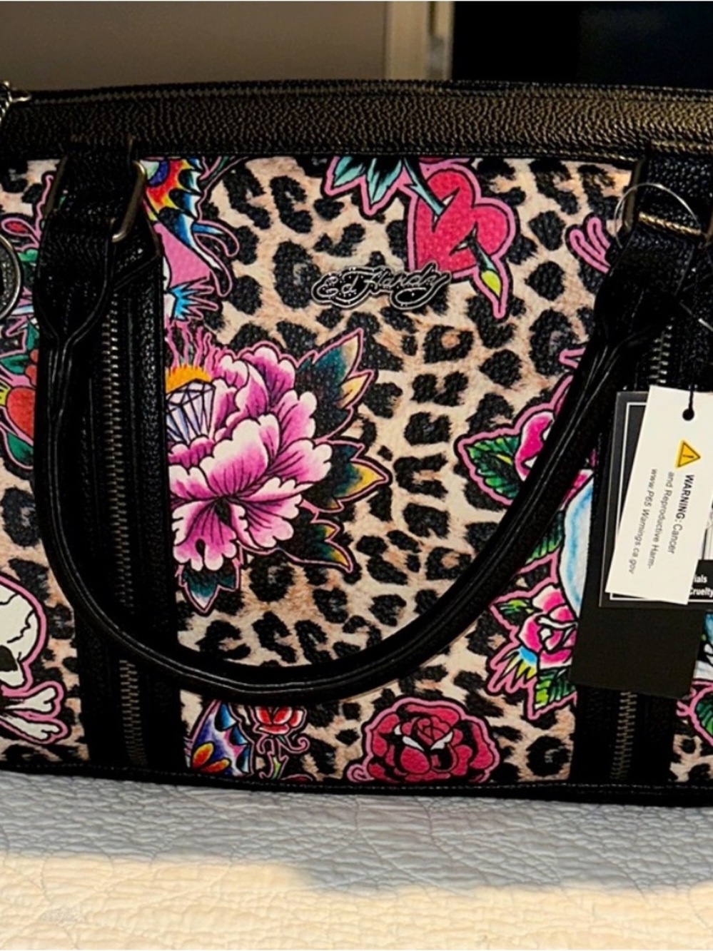 Ed Hardy Black & Pink Floral Leopard Satchel